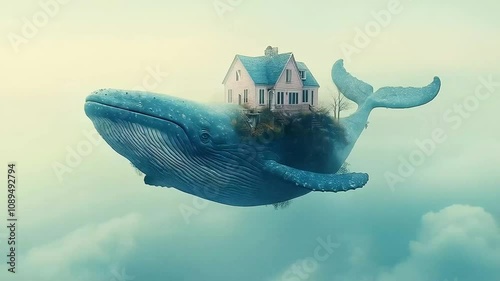 a beautiful blue whale with a blue back and white stomach floating in mid-air. Its back holds a beautiful pink house. 