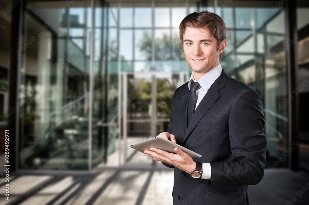 Confident business man using digital tablet outdoors Confident business man using digital tablet outdoors