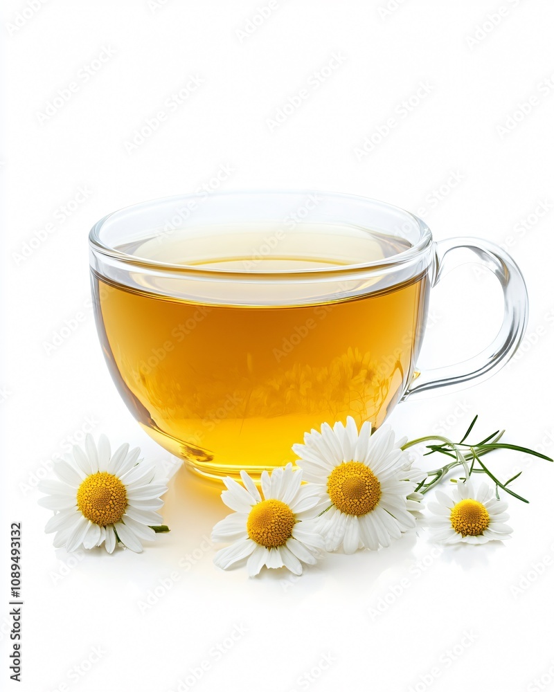 Clear Glass Cup of Chamomile Tea with Chamomile Flowers Beside It, Isolated on White Background Clear Glass Cup of Chamomile Tea with Chamomile Flowers Beside It, Isolated on White Background