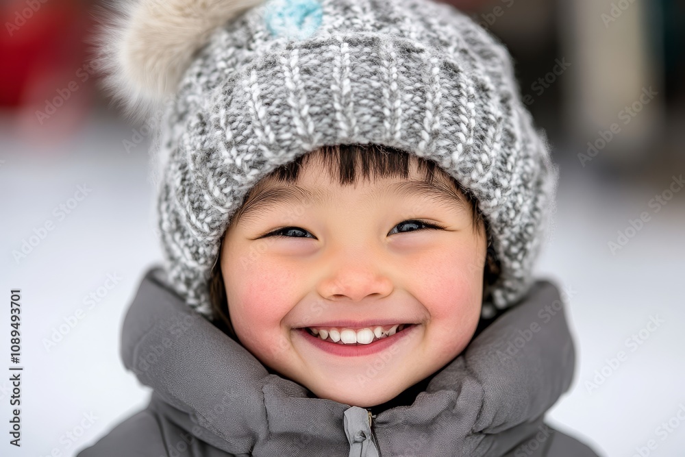 a young boy wearing a gray hat and jacket, smiling at the camera with a blurred background a young boy wearing a gray hat and jacket, smiling at the camera with a blurred background