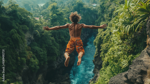 Wallpaper Mural White European Guy in shorts at the moment of an enchanting jump from a cliff into the sea. man jumping from a mountain cliff in bali,  Torontodigital.ca