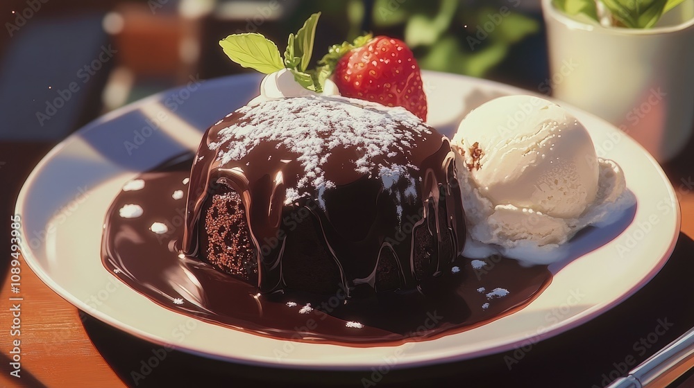 Decadent Chocolate Lava Cake with Silky Sauce and Ice Cream on a Plate Surrounded by Fresh Fruits and Garnishes in a Bright Sunny Outdoor Setting Decadent Chocolate Lava Cake with Silky Sauce and Ice Cream on a Plate Surrounded by Fresh Fruits and Garnishes in a Bright Sunny Outdoor Setting