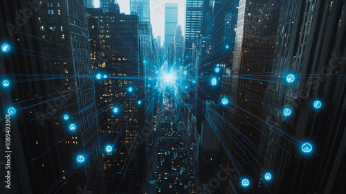 Wallpaper Mural Smart digital Innovation Business skyscrapers in the Financial District with connection network reciprocity over the cityscape. of future smart wireless digital city and social media networking Torontodigital.ca