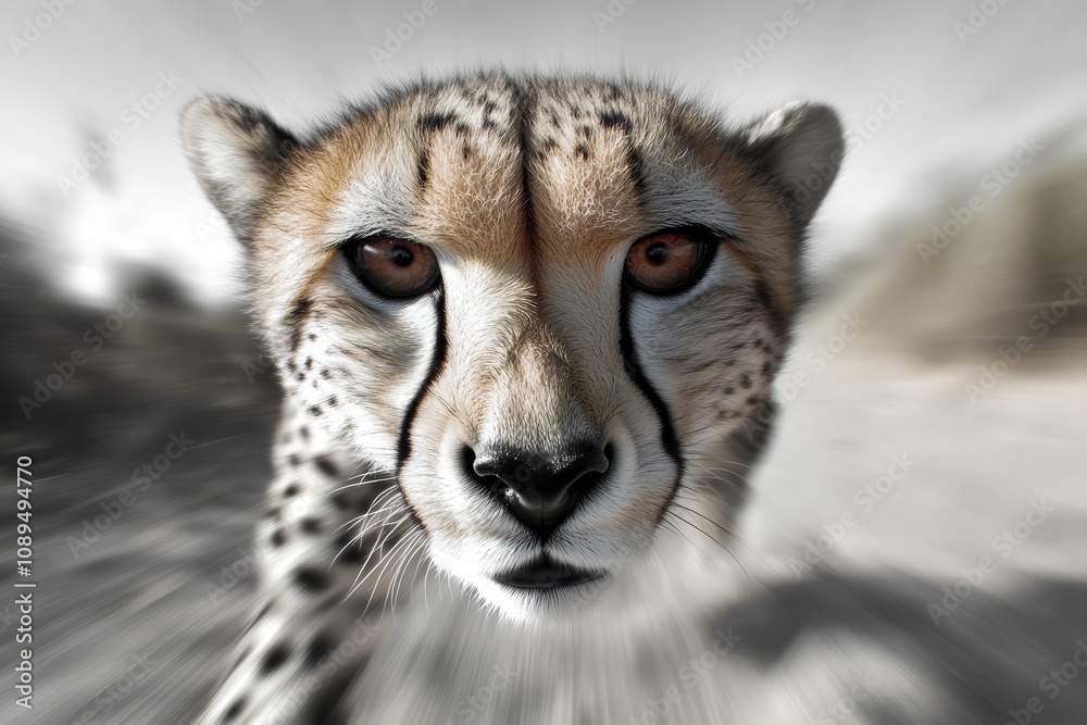 a close up of a cheetah's face in the desert, with a blurred background a close up of a cheetah's face in the desert, with a blurred background