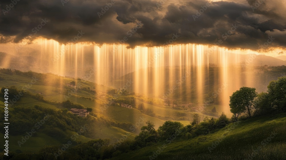 Dramatic Landscape with Golden Light and Rainfall Over Lush Green Hills During a Stunning Sunset, Showcasing Nature's Beauty and Serenity Dramatic Landscape with Golden Light and Rainfall Over Lush Green Hills During a Stunning Sunset, Showcasing Nature's Beauty and Serenity
