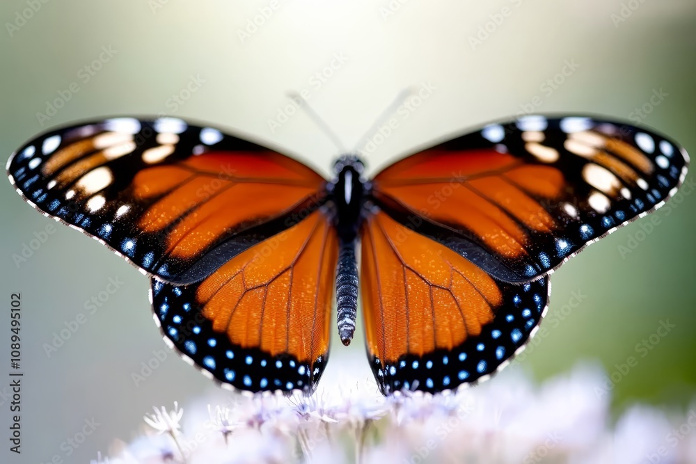 a monarch butterfly perched atop a white flower, its wings spread wide and its vibrant orange and black markings standing out against the blurred background a monarch butterfly perched atop a white flower, its wings spread wide and its vibrant orange and black markings standing out against the blurred background