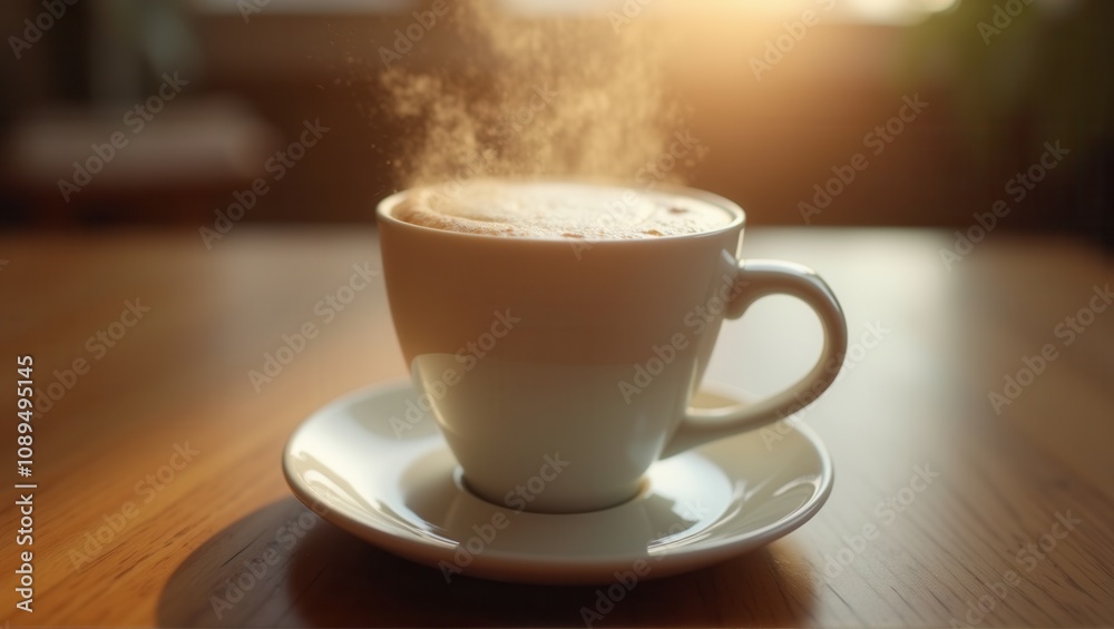 A white cup of coffee with latte art on a wooden table, sunlight streaming in, warm and inviting atmosphere. Generative, AI, A white cup of coffee with latte art on a wooden table, sunlight streaming in, warm and inviting atmosphere. Generative, AI,