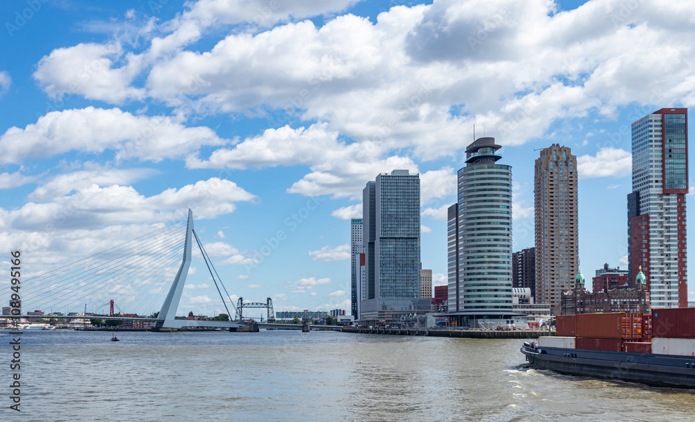 Container ship and logistics against Rotterdam cityscape Container ship and logistics against Rotterdam cityscape