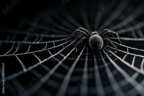  a black spider sitting on top of a spider web with water droplets glistening on its delicate strands The background is a deep black, creating a stark contrast betw photo