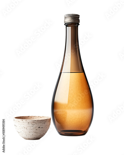 Traditional Nigori Sake Bottle with Ceramic Sake Cup Isolated on White photo