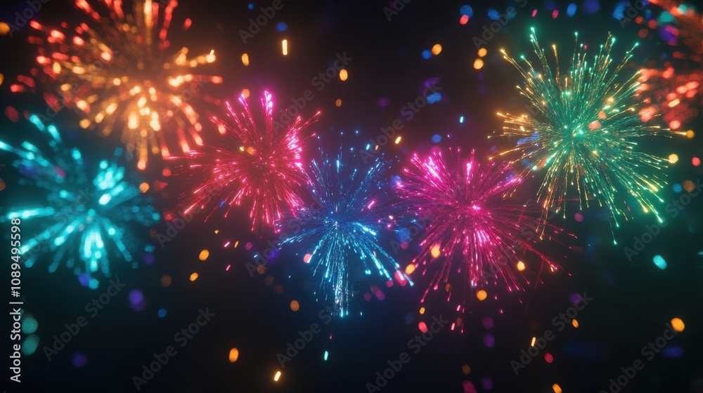 Fototapeta premium Multicolored fireworks in the night sky with a dark background and space for writing below.