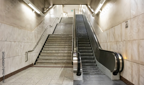 Cuadro en lienzo Underground empty electric escalators and stairway in the city center