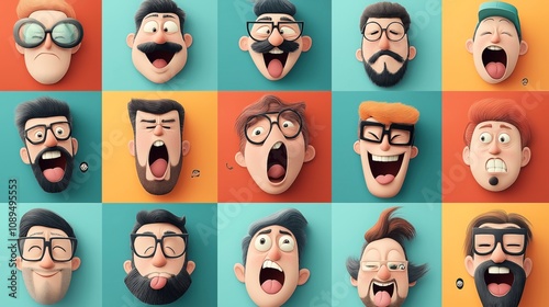 Collection of sixteen cartoonish male faces with various expressions and hairstyles on different color backgrounds