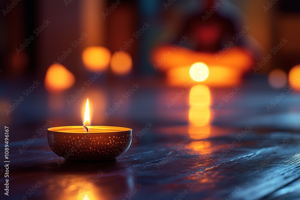 Candle flame with person meditating in background Candle flame with person meditating in background
