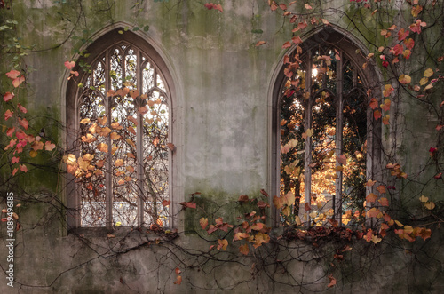 Two arched windows in a crumbling, ivy-covered church wall. Autumn leaves frame the windows, creating a vibrant contrast against the weathered stone. 