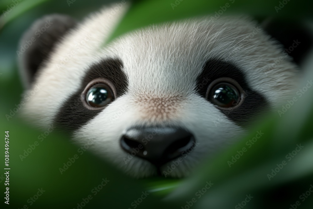 a panda bear peeking out from behind some green leaves, its black and white fur contrasting against the vibrant green of the leaves a panda bear peeking out from behind some green leaves, its black and white fur contrasting against the vibrant green of the leaves