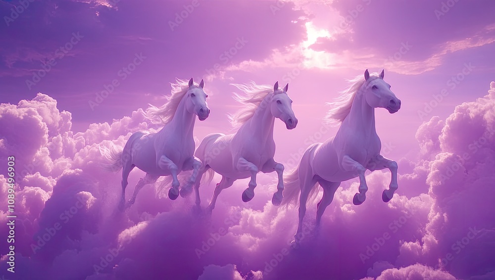 Fototapeta premium Three white horses running in the sky, with a purple and pink background, creating a dreamy and beautiful scene
