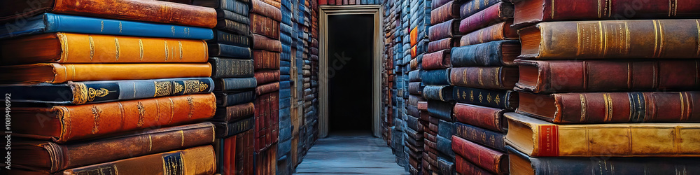 Narrow Gateway to Wisdom: A tight passageway between two towering stacks of dusty, leather-bound tomes. Narrow Gateway to Wisdom: A tight passageway between two towering stacks of dusty, leather-bound tomes.