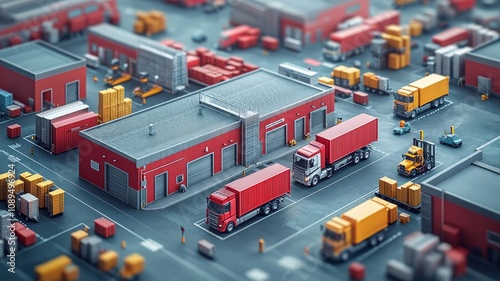 Miniature logistics hub with trucks and shipping containers