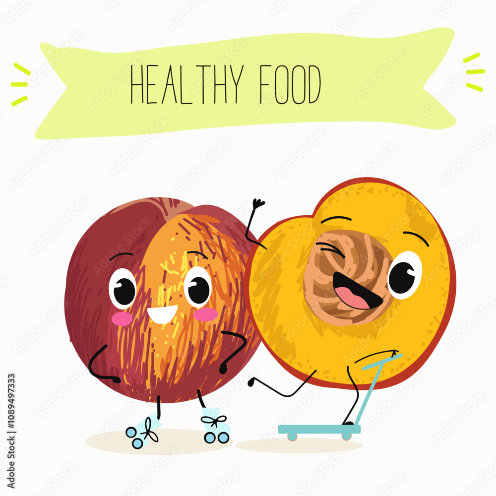 Nectarine fruit cute funny cheerful characters with different poses and activities. Natural vitamin antioxidant detox food collection. Vector hand drawn illistration. Nectarine fruit cute funny cheerful characters with different poses and activities. Natural vitamin antioxidant detox food collection. Vector hand drawn illistration.