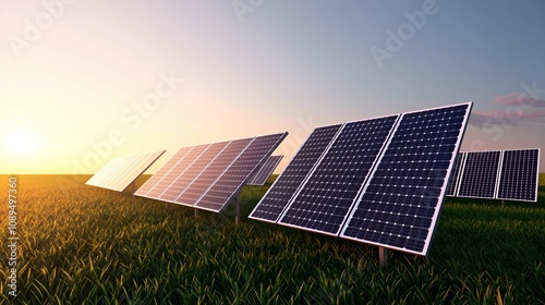 A serene landscape featuring solar panels in a field, basking in the warm glow of a sunrise, symbolizing renewable energy and sustainability.