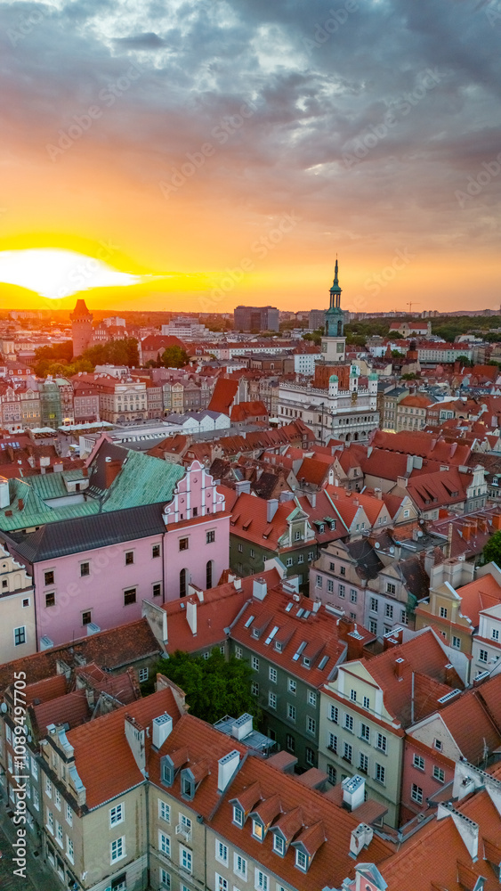 Fototapeta premium aerial view of the central square of the town hall and castle in poznan in poland at sunset in spring
