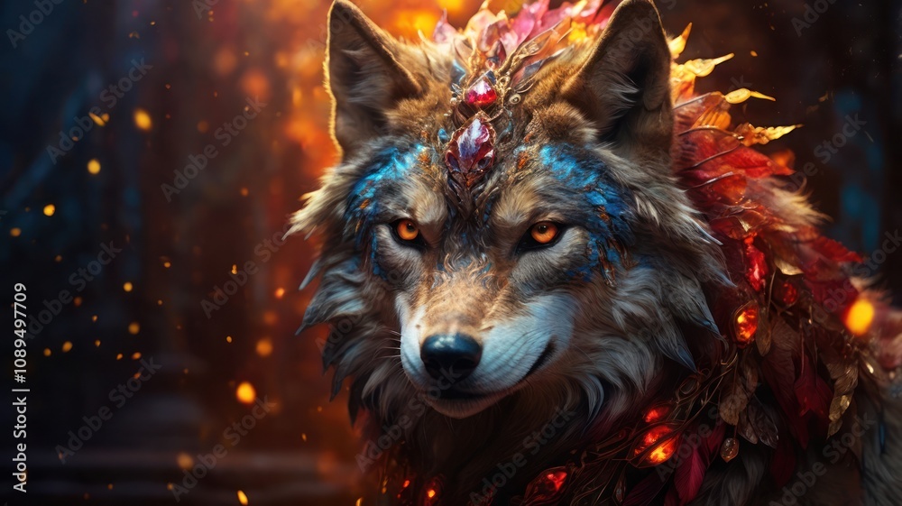 A majestic wolf with a crown of jewels and feathers, illuminated by warm light and glowing embers. A majestic wolf with a crown of jewels and feathers, illuminated by warm light and glowing embers.