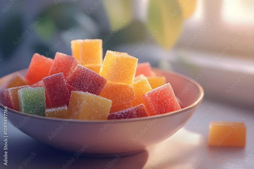 A bowl of vibrant rectangular pâtes de fruits, a.k.a. fruit pastes, a.k.a. fruit jellies, with sugar crystals glistens under soft light, showcasing glossy textures and vivid colors against a minimalis A bowl of vibrant rectangular pâtes de fruits, a.k.a. fruit pastes, a.k.a. fruit jellies, with sugar crystals glistens under soft light, showcasing glossy textures and vivid colors against a minimalis