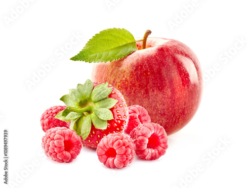 Red apple with Raspberries and strawberries  Isolated on White Background. Ripe berries isolated.