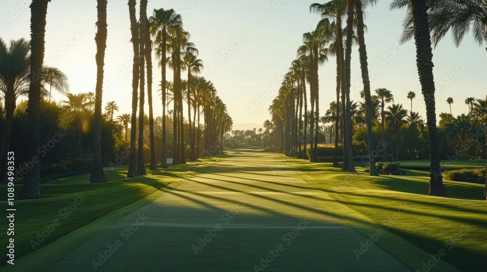 Lush Green Golf Course Surrounded by Tall Palm Trees in Golden Hour, Capturing a Serene Landscape with Vibrant Colors and Calm Atmosphere Lush Green Golf Course Surrounded by Tall Palm Trees in Golden Hour, Capturing a Serene Landscape with Vibrant Colors and Calm Atmosphere