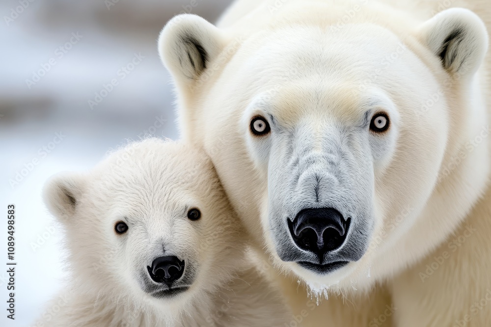 a mother polar bear and her cub standing in the snow The mother bear is white in color and the cub is also white The background is blurred, giving the image a dre a mother polar bear and her cub standing in the snow The mother bear is white in color and the cub is also white The background is blurred, giving the image a dre