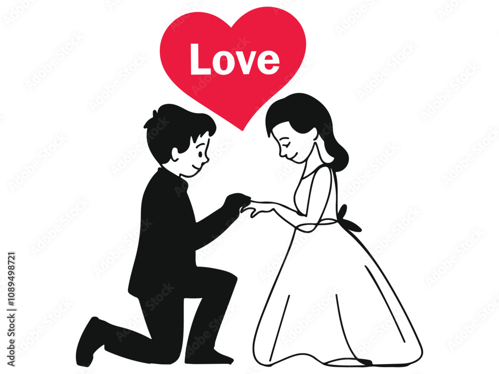 Happy valentines's Day! A continuous line art of a boy on his knees proposing to a girl on a white background. Happy valentines's Day! A continuous line art of a boy on his knees proposing to a girl on a white background.