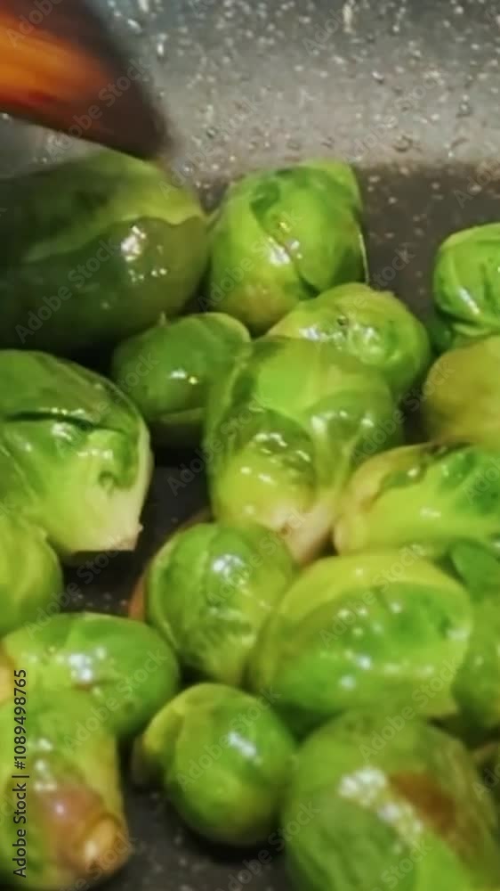 Brussels sprouts close up cooking in a frying pan for breakfast. Healthy food and green vegetables for better health and fitness diet. Cooking process in a frying pan in the kitchen Brussels sprouts close up cooking in a frying pan for breakfast. Healthy food and green vegetables for better health and fitness diet. Cooking process in a frying pan in the kitchen