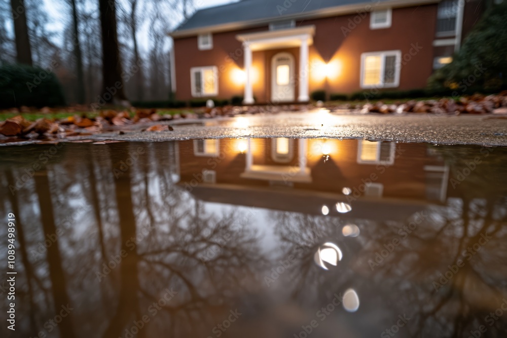 a house with a puddle of water in front of it, surrounded by trees, plants, and lights The sky is visible in the background, and the image is slightly blurred a house with a puddle of water in front of it, surrounded by trees, plants, and lights The sky is visible in the background, and the image is slightly blurred