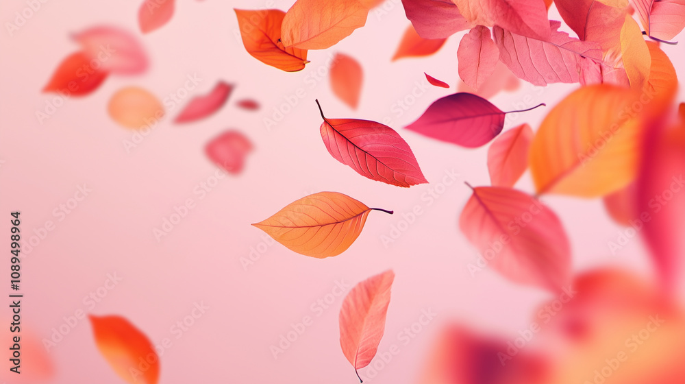 colorful leaves falling in the air isolated on pink background colorful leaves falling in the air isolated on pink background