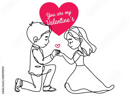 Happy valentines's Day! A continuous line art of a boy on his knees proposing to a girl on a white background. 