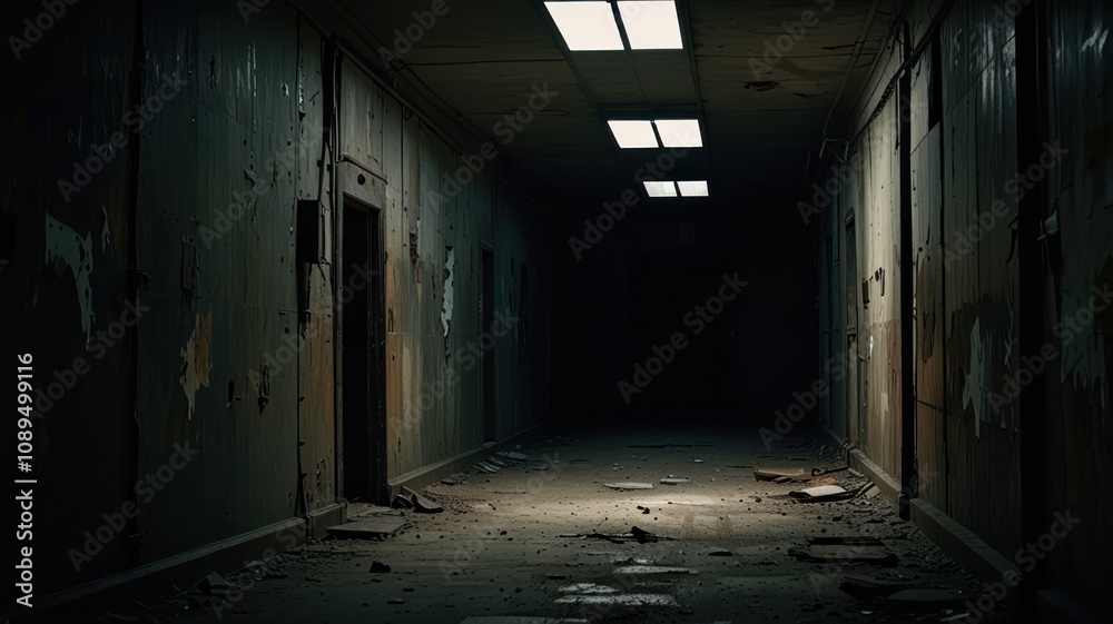 A dark and abandoned hallway with peeling paint and broken tiles, lit only by flickering overhead lights. A dark and abandoned hallway with peeling paint and broken tiles, lit only by flickering overhead lights.