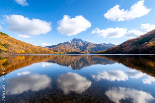  a lake with a mountain in the background, surrounded by trees with their leaves changing to vibrant shades of red, orange, and yellow The lake is still and calm, r