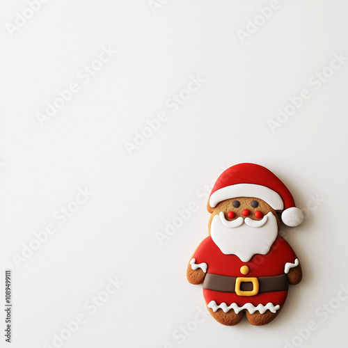 Christmas and New Year seasonal square template design with decorations and copy space for social media post. A cute gingerbread man on plain white background.