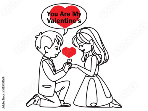 Happy valentines's Day! A continuous line art of a boy on his knees proposing to a girl on a white background. 