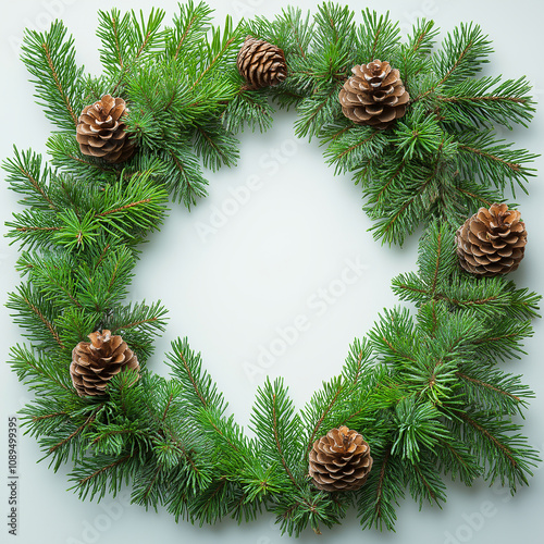 A frame made of green pine branches, with the shape of an inverted triangle between them. There is white space inside and a small cone on top of it. The background color should be