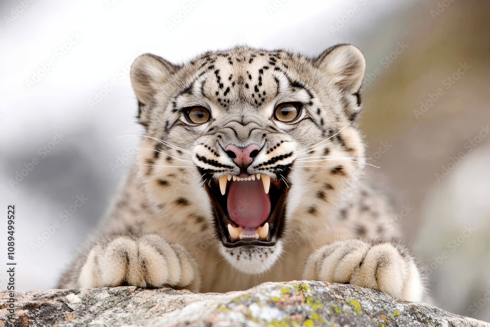 Fototapeta premium a snow leopard yawning on top of a rock with a blurred background