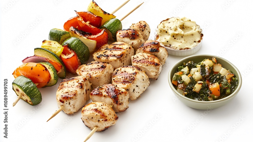 Grilled Chicken and Vegetable Skewers with Creamy Mustard Dip and Saut�ed Greens