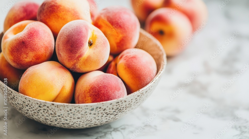 A bowl filled with fresh ripe peaches, placed on a white marble countertop with natural light. A bowl filled with fresh ripe peaches, placed on a white marble countertop with natural light.