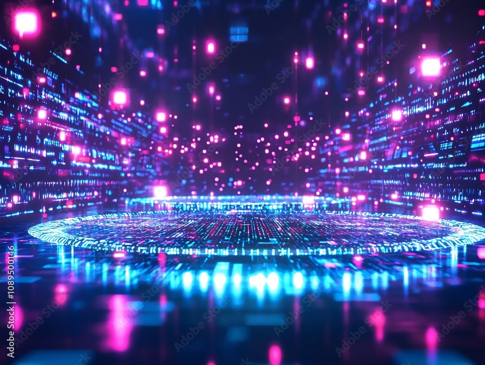 Obraz premium Futuristic Digital Arena of Competing Companies Showcasing Glowing Data Driven Strategies