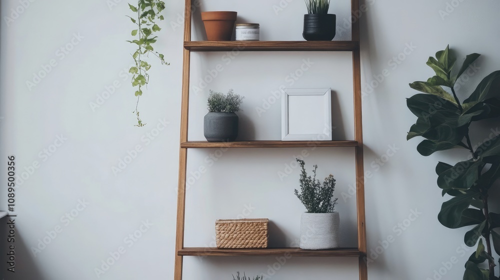 Aesthetic Wooden Ladder Shelf Displaying Various Indoor Plants in Decorative Pots Against a Light Wall in a Modern Living Space Aesthetic Wooden Ladder Shelf Displaying Various Indoor Plants in Decorative Pots Against a Light Wall in a Modern Living Space