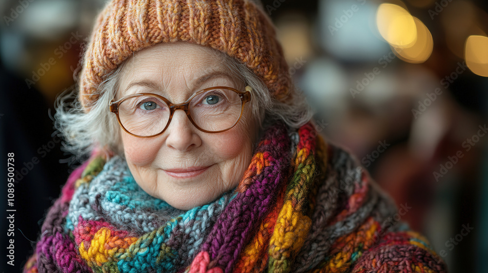 Elderly woman in colorful scarf and hat smiles warmly during a chilly day in a cozy indoor setting with soft lighting. Generative AI Elderly woman in colorful scarf and hat smiles warmly during a chilly day in a cozy indoor setting with soft lighting. Generative AI