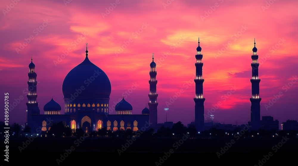 Fototapeta premium Mosque silhouette at sunset.