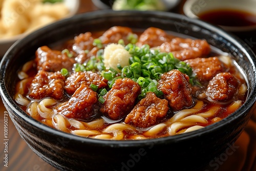 Delicious beef udon noodles topped with scallions and ginger in a rich savory broth, perfect for a hearty and comforting meal.