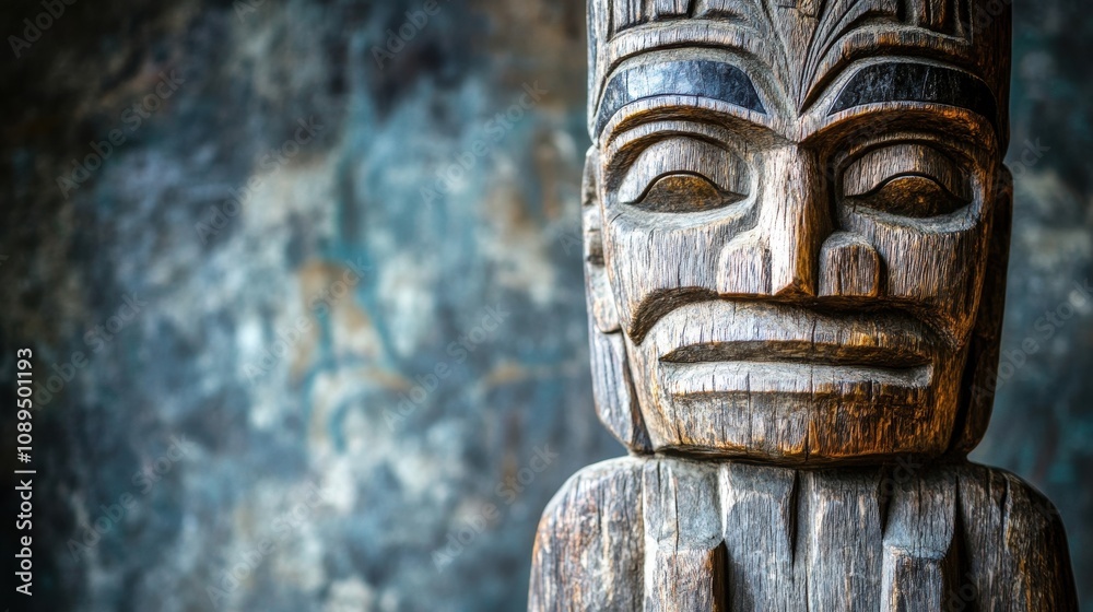This carved wooden totem displays the intricate design of Native American artistry This carved wooden totem displays the intricate design of Native American artistry